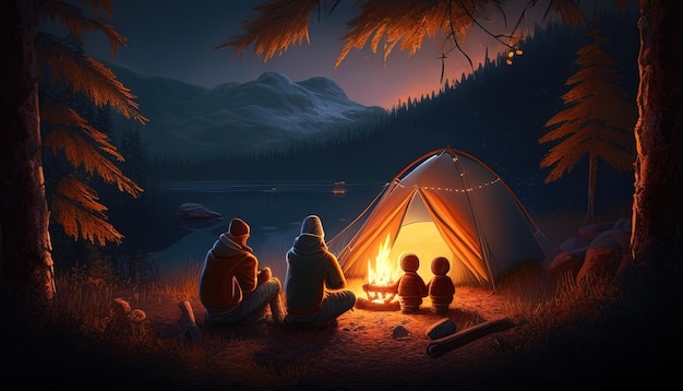 Heartwarming family camping digital art illustration Generative AI