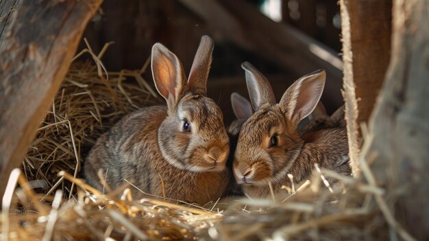 A heartwarming family of rabbits nestled in a strawfilled corner of a rustic barn