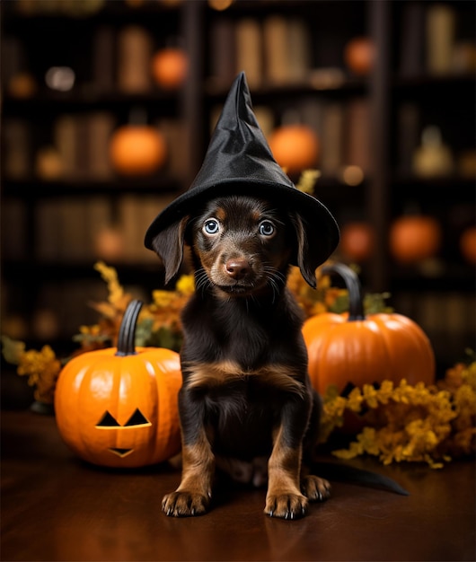 心温まるハロウィーンの愛らしい子犬が気まぐれな魔女の魅力を抱きます