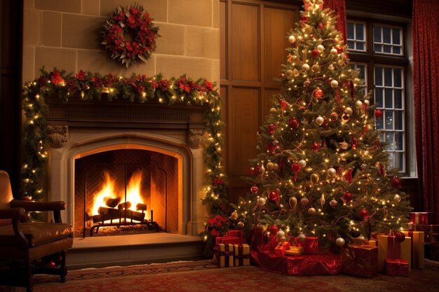 Heartwarming Hearth Festive Christmas Tree Adorned Next to a Crackling Fireplace