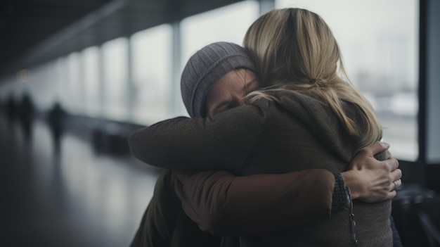 A heartwarming hug between two women at an airport