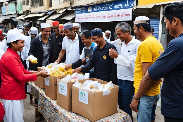 Photo heartwarming idul adha charity event volunteers distributing food and gifts with smiles laughter