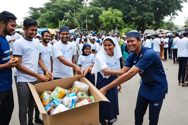 가 따뜻한 이들 아다 자선 행사 자원 봉사자 들 은 미소 로 음식 과 선물 을 배포 한다 웃음