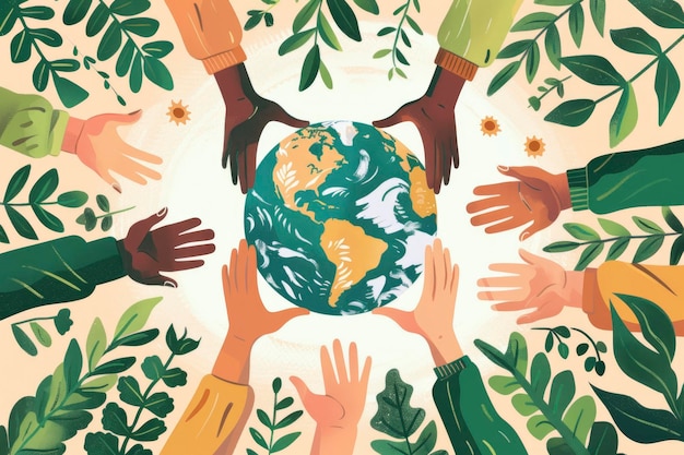 Photo a heartwarming illustration depicts hands of different skin tones tenderly holding a stylized earth surrounded by green foliage symbolizing global unity and environmental stewardship