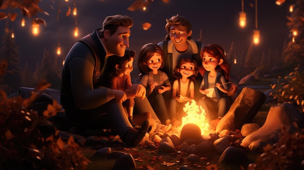 A heartwarming illustration of a family gathering around a bonfire