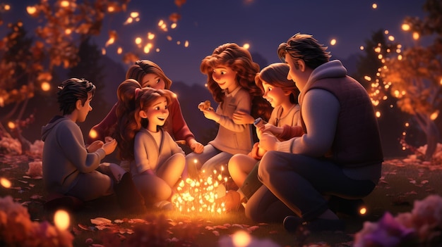 A heartwarming illustration of a family gathering around a bonfire