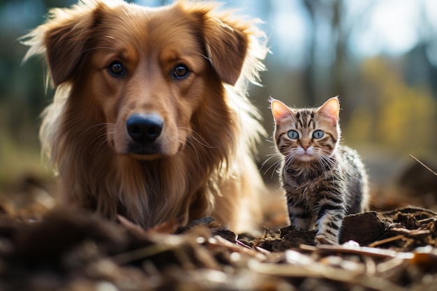 Photo heartwarming image of overlapping dog and cat paw prints symbolizing the companionship and unity of different furry friends