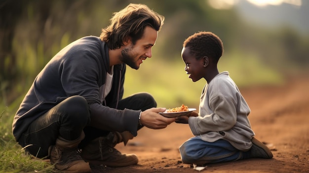 Heartwarming image A volunteer shares a meal with an African child outdoors embodying the spirit of generosity and compassion in the community