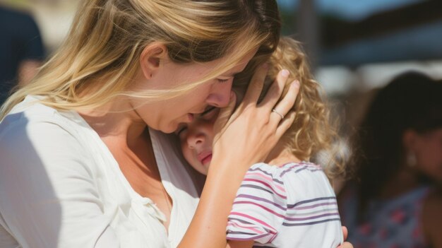 Foto un'immagine commovente di una donna e di un bambino che si abbracciano strettamente esprimendo amore e affetto