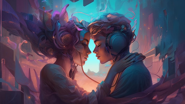 Heartwarming Immersive Illustration Two People Connect in Virtual Reality Generative AI