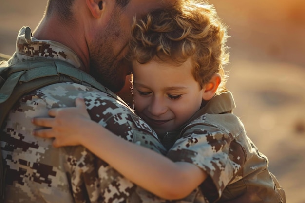 Photo heartwarming military reunion father son united generate ai