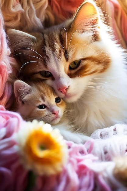 生まれたばかりの子猫が、保護力を持って母猫に寄り添い、日光浴をする心温まる瞬間が捉えられました。