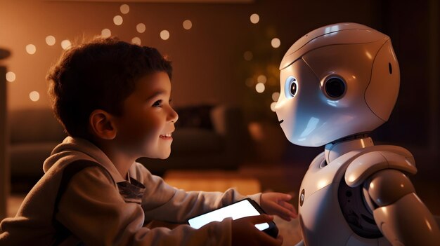 Foto un momento commovente di un bambino che interagisce con un amichevole robot ai