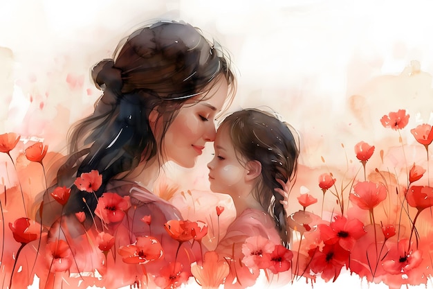 Photo heartwarming moments of motherly love amidst blossoming flowers perfect for celebrating mothers day