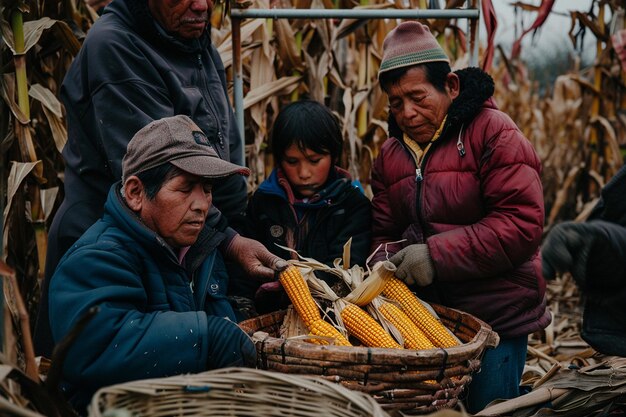 穀物畑 で 一緒 に 働い て いる 世代 の 家族 の 心 を 暖かく する 写真