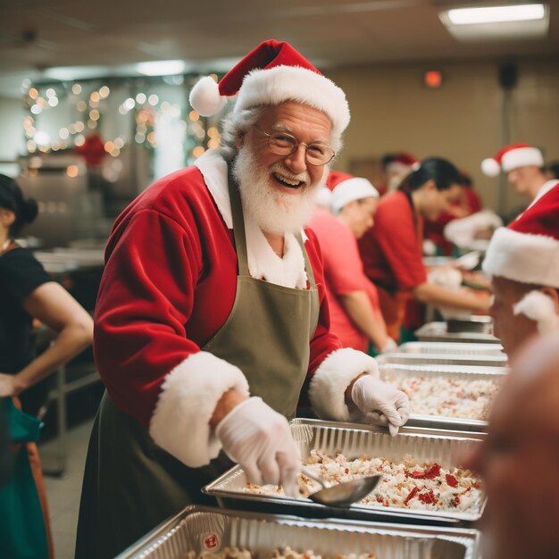 Photo a heartwarming photo of santa claus in full attire volunteering at a soup kitchen serving meals a