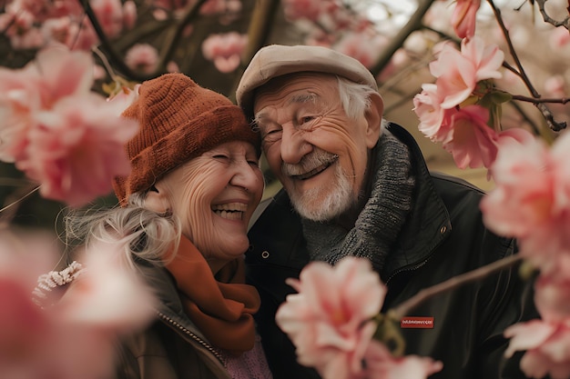 A heartwarming portrait of an elderly couple laughing together