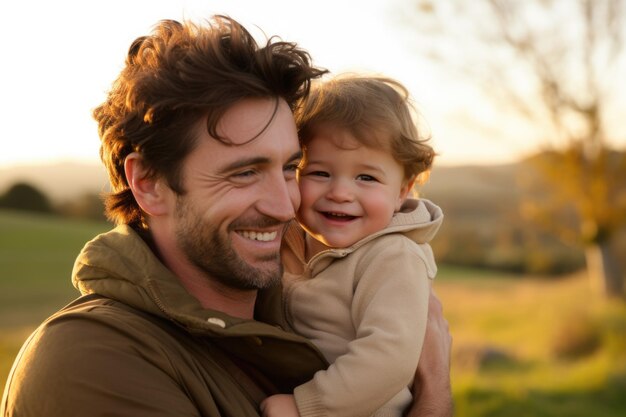 Foto un ritratto commovente di un padre felice che tiene in braccio il suo bambino sorridente all'aperto