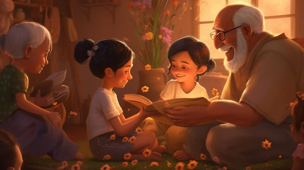 A heartwarming scene of children spending time with their grandparents learning from their wisdom a