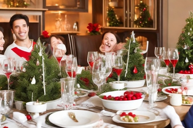 A heartwarming scene of a family gathering for Christmas dinner exchanging gifts