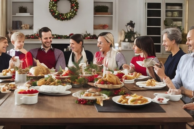 A heartwarming scene of a family gathering for Christmas dinner exchanging gifts