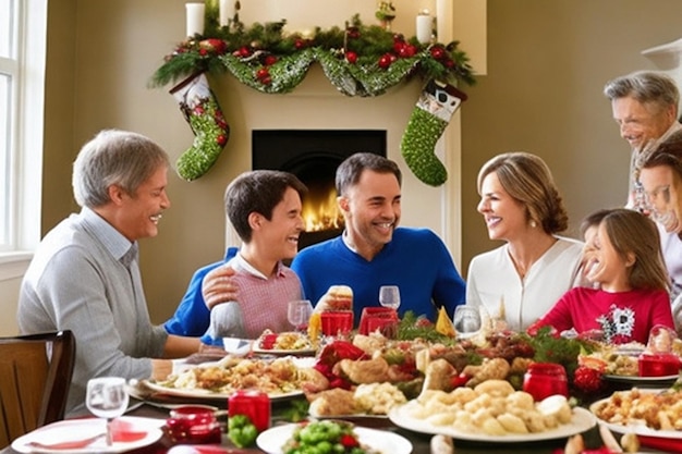 A heartwarming scene of a family gathering for Christmas dinner exchanging gifts