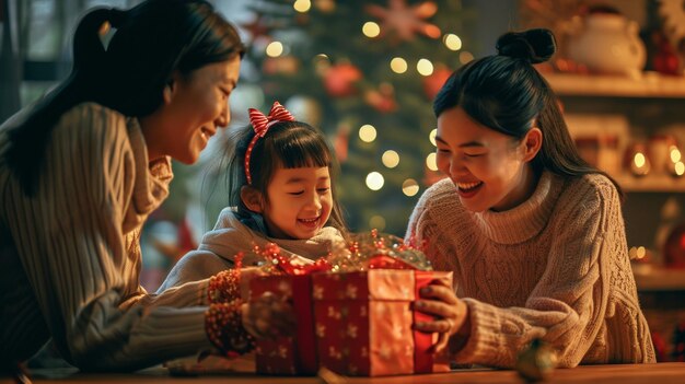 A heartwarming scene of a family sharing laughter while unwrapping a gift box filled with Lunar New