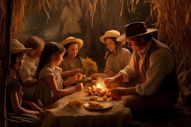 A heartwarming scene of a family sharing a meal made from their harvested corn