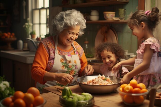 A Heartwarming Scene Joyful Ethnic Grandmother Prepares Delightful Sandwiches for Adorable Little C