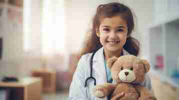Photo heartwarming scene of a little girldoctor with her teddy bear looking at the camera