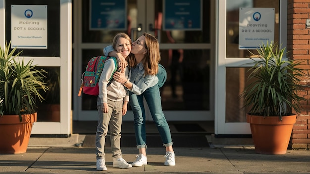 a heartwarming scene of a mother dropping her child off at school the mother is bending down to giv