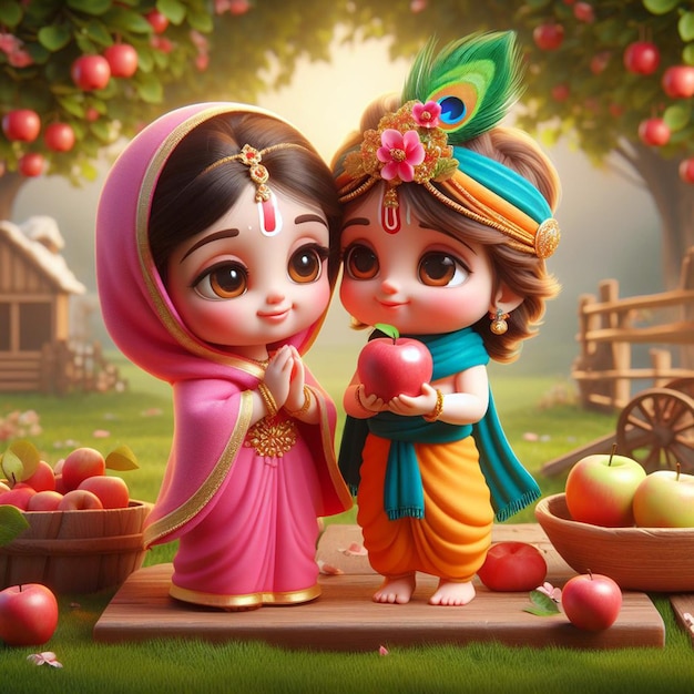 Photo a heartwarming scene of radha and krishna feeding each other sweets their faces lit with joy