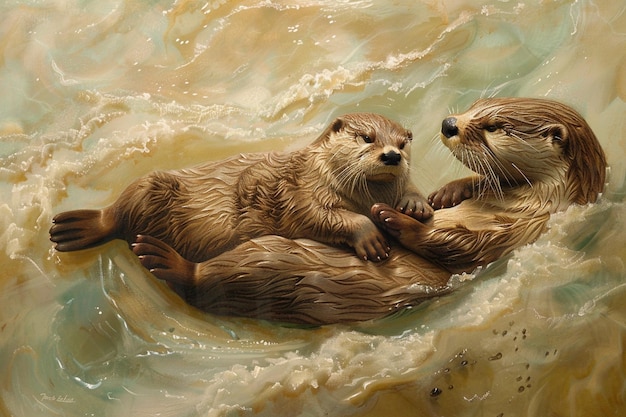 Photo a heartwarming scene of two otters floating side b generative ai