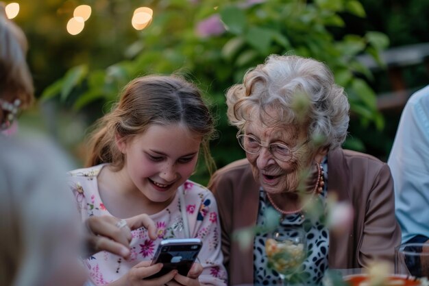 Foto una scena commovente si svolge a una festa in giardino mentre una ragazzina condivide con entusiasmo qualcosa su