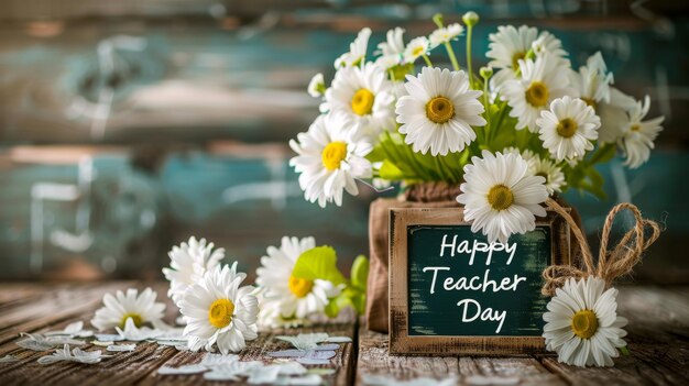 Heartwarming Scene of White Daisies and VintageStyle Happy Teacher Day Card on Rustic Wooden Surface