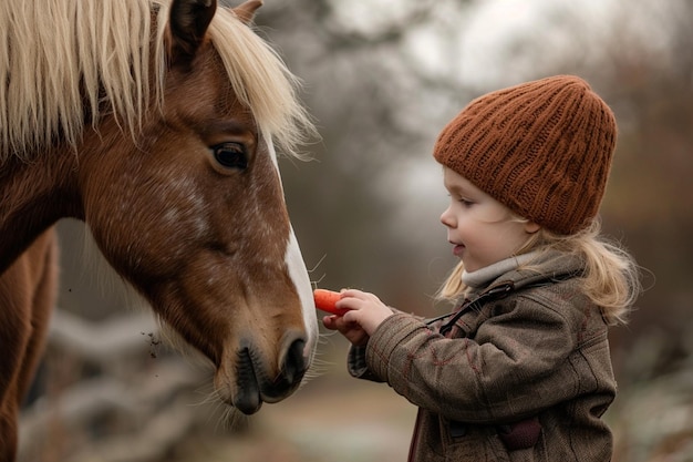 A heartwarming scene of a young child feeding a ge generative ai