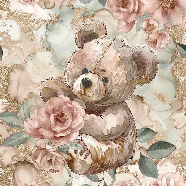 Heartwarming Teddy Bear Drawing flower pattern marble