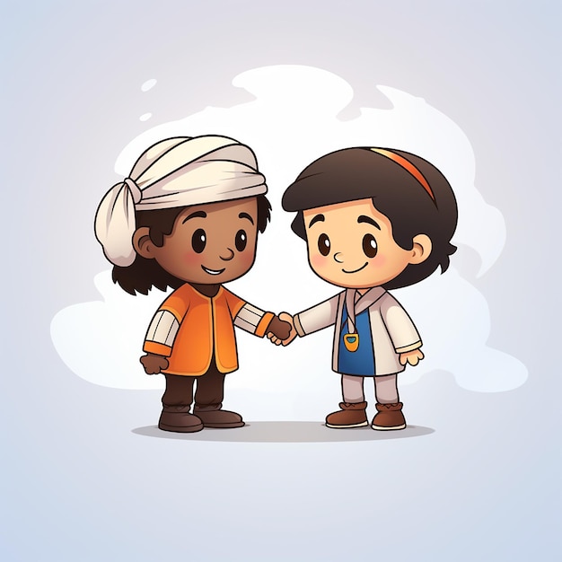 Heartwarming Unity Cartoon Characters Embrace in CrossCultural Handshake