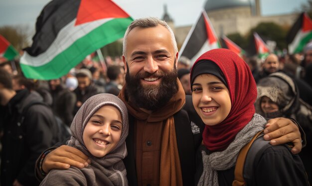 Foto un'unità cordiale una felice famiglia palestinese posa davanti ad al aqsa