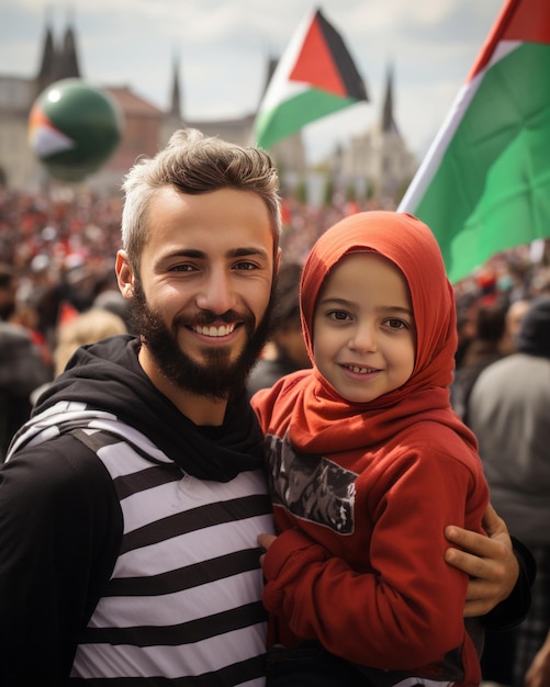 Foto un'unità cordiale una felice famiglia palestinese posa davanti ad al-aqsa