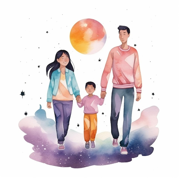 A heartwarming watercolor depiction of an Asian family's love and happiness