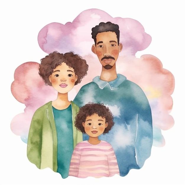 A heartwarming watercolor illustration of a mix race family radiating happiness