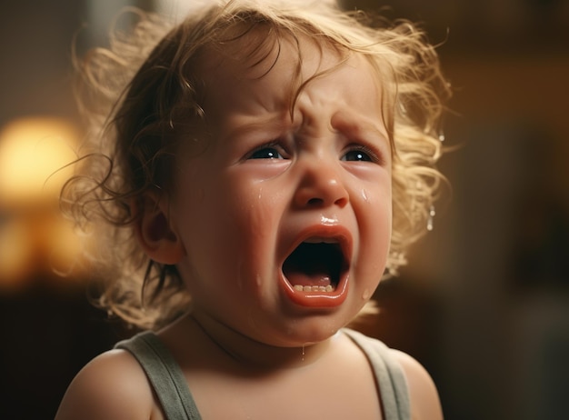 A heartwrenching moment of a young child with curly hair crying with a face full of tears and snot