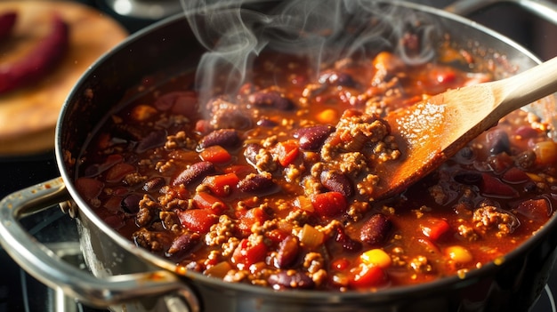 Foto chili di manzo ricco con fagioli e pomodori guarniti con erbe fresche fotografia alimentare in primo piano