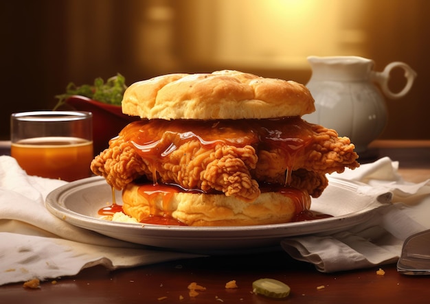 A hearty biscuit sandwich with fried chicken