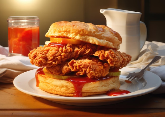 Un abbondante panino con biscotti e pollo fritto