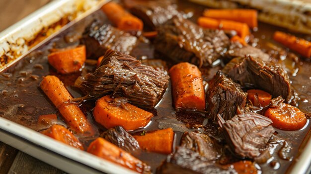 The hearty blend of carrots and succulent beef brisket in a comforting casserole dish