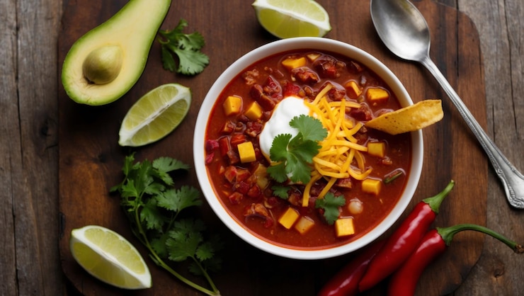 Photo a hearty bowl of chili topped with cheese lime and fresh ingredients