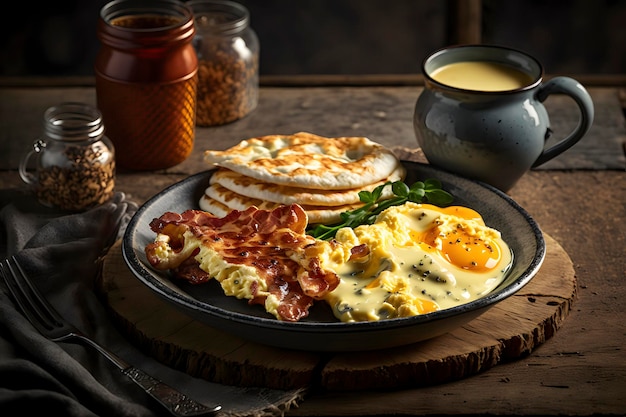 Hearty Breakfast Plate with Scrambled Eggs Bacon and Biscuits