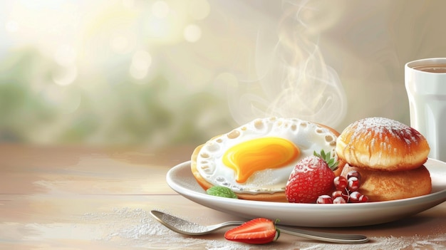 Foto un pranzo abbondante con un lato soleggiato, pancake di uova, fragole e bevande calde alla luce del mattino.